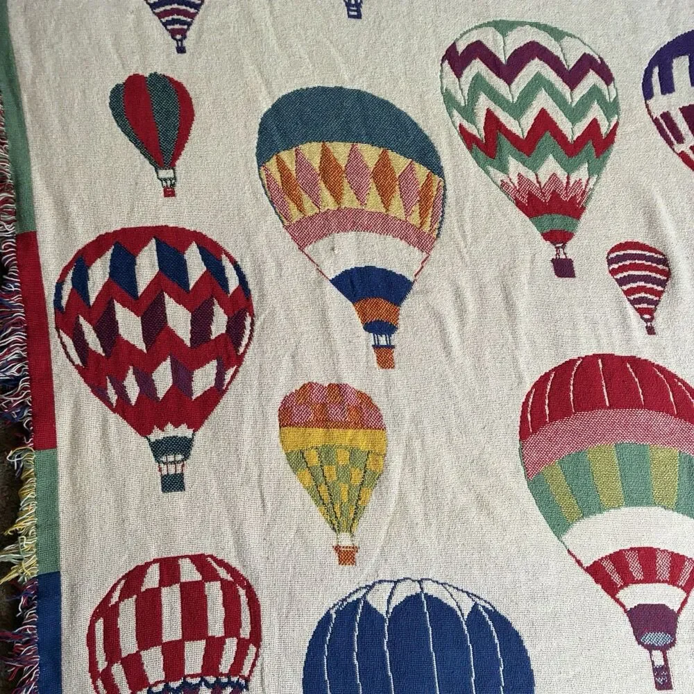 Hot Air Balloon Tapestry Cotton Blanket Throw w/Fringe 70”x46” Two Sided 1970s